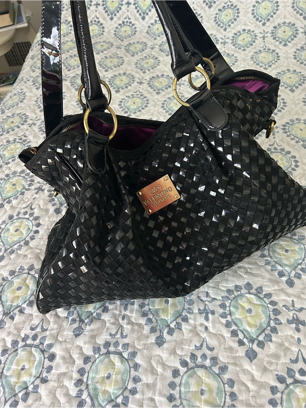 Rare vintage early 2000s Valentino’s Garavani Black Woven Leather suede bag y2k